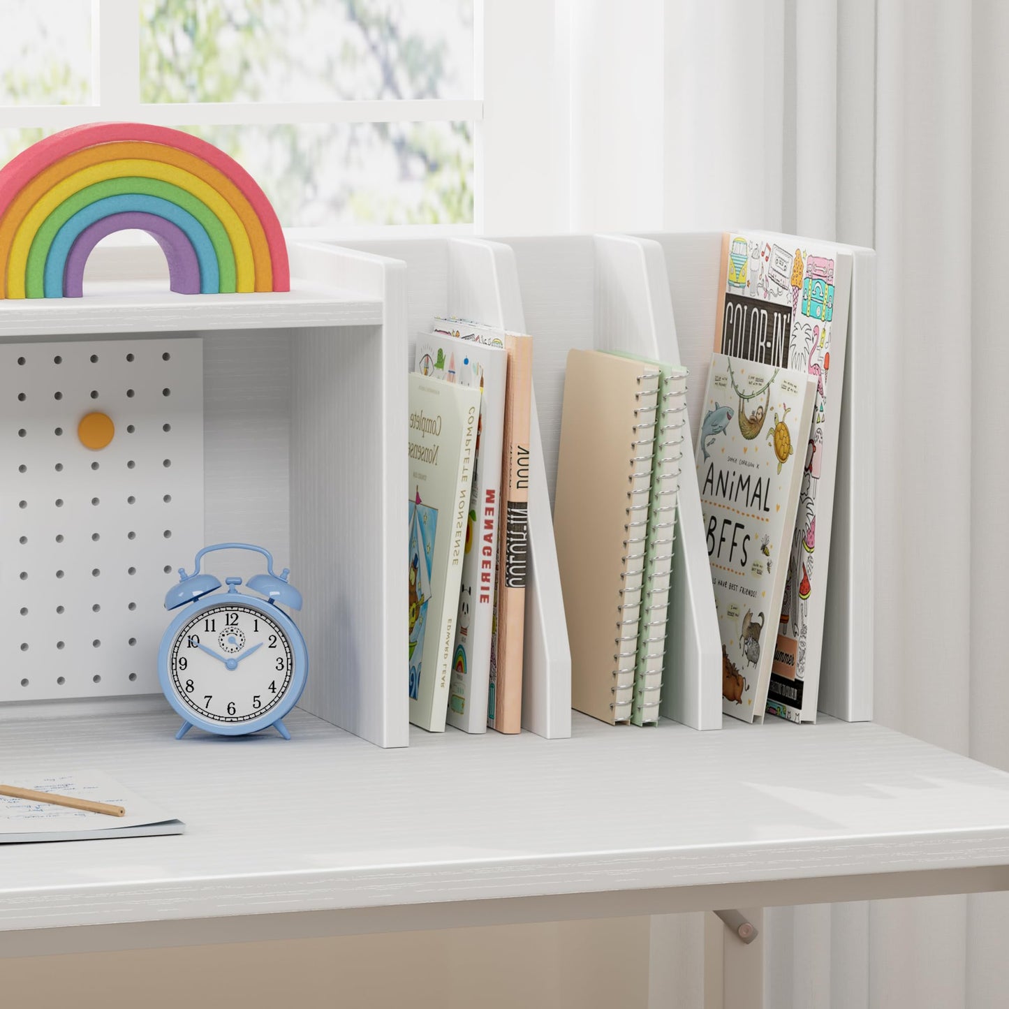BOLUO Kids Desk and Chair Set for 6-12 Year Old, Children Study Desk with Hutch and Pegboard, Student Writing Table with Storage Shelf for Girls Boys