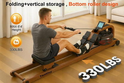 TANTISY Foldable Rowing Machines for Home with Adjustable Large Water Tank & Comfortable Seat for Real Experience Immersive Water Rower, APP Link,Water Resistance 330LBS Weight Capacity;
