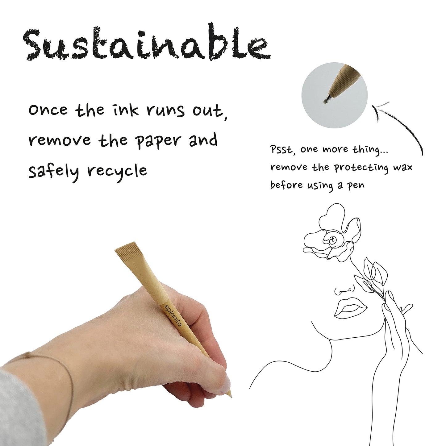 eplanita I’M PERFECT FOR SCRIBBLE – Eco Friendly Pens (Pack of 48), Black Ink Ballpoint Biros, Sustainable Stationary Supplies, For Office or School, One Tree Planted