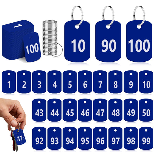 100 PCS Plastic Number Tags with Key Rings 1-100 Blue Number ID Tags Waterproof Key Identification Tags Number Keychains Rectangular Luggage Tag Number Tags for Live Sales House Lockers Dormitory