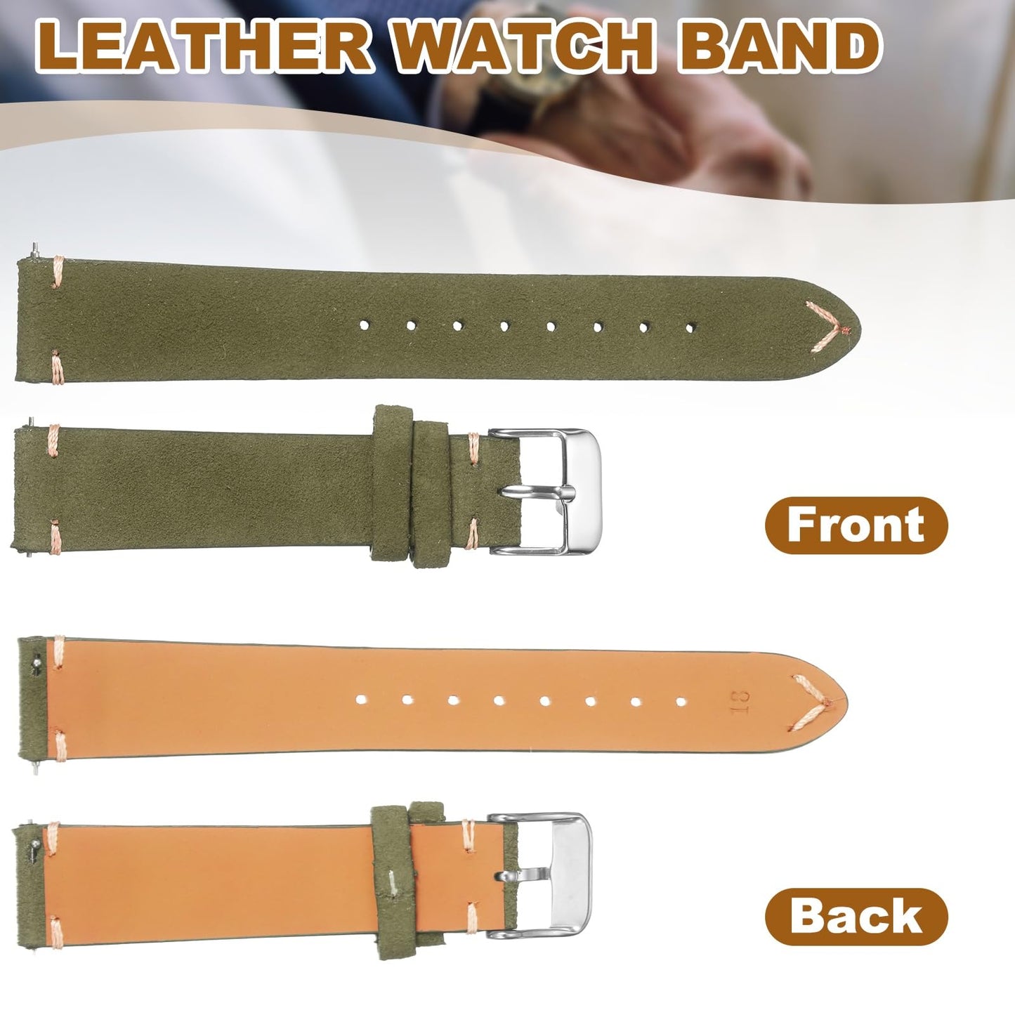 HARFINGTON Leather Watch Band 19mm Width Watch Strap Top-Grain Suede Cowhide Wrist Bands Replacement with Stainless Steel Buckle for Men Women, Dark Green