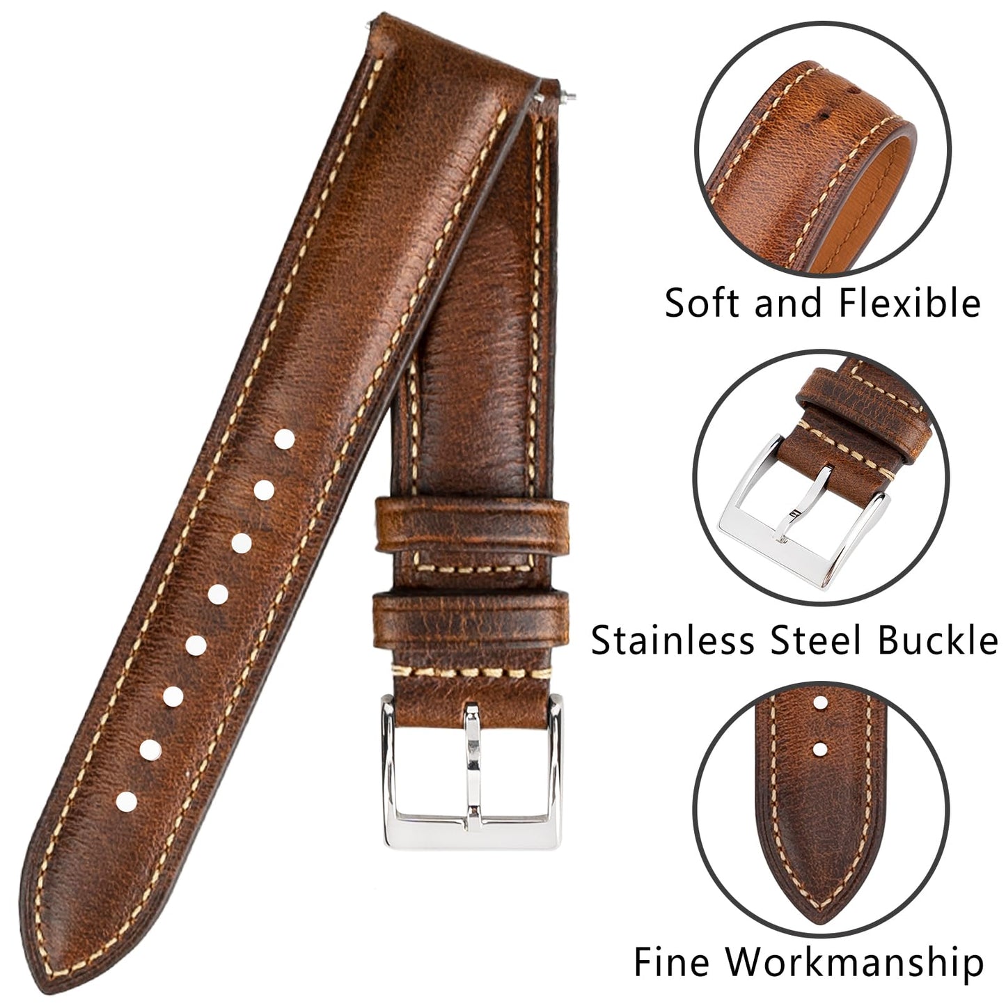 Gomvadr Quick Release Leather Watch Bands for Men 14mm 16mm 18mm 19mm 20mm XL 21mm 22mm XXL 24mm ,Vintage Oil Wax-tanned Pull-up Men's Watch Bands Replacement Leather Watch Straps for Men Women(Cognac with Contrast Stitch, 18mm-Regular)