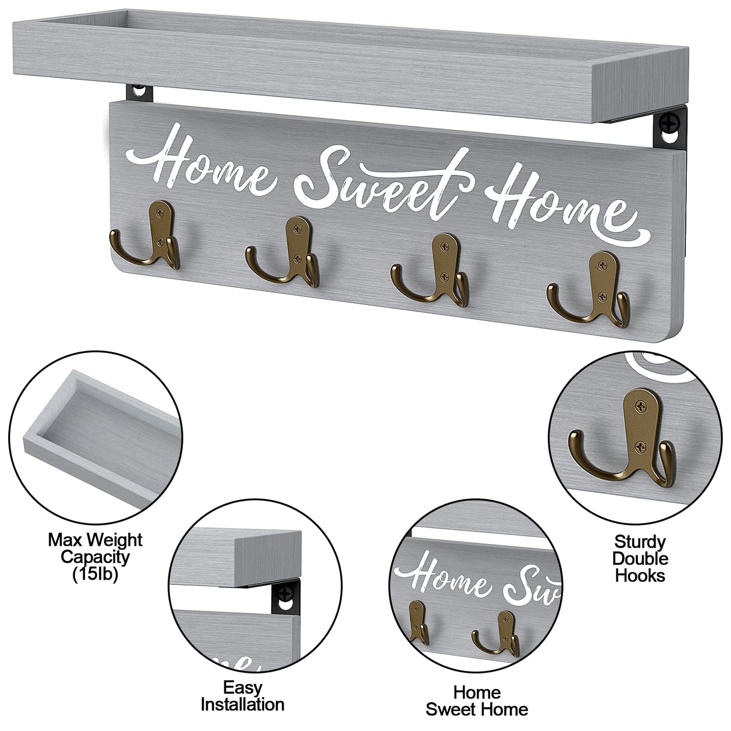 buways Key Holder Wall Mount with 4 Double Hooks-Solid Wood Wall-Mounted Organizer for Keys&Mail Rustic Key Rack Hanger Holder Home Decor for Entryway Living Room (Gray)