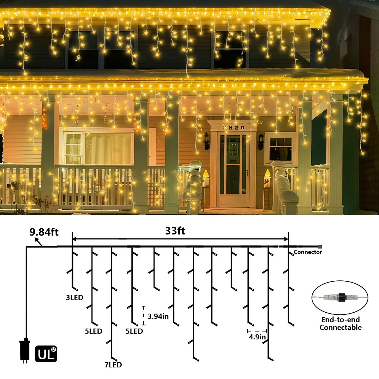 QITONG Warm White Icicle Lights for Outside, 33ft 400 LED String Lights Indoor with 8 Modes, Clear Wire Connectable Icicle Christmas Light Plug in