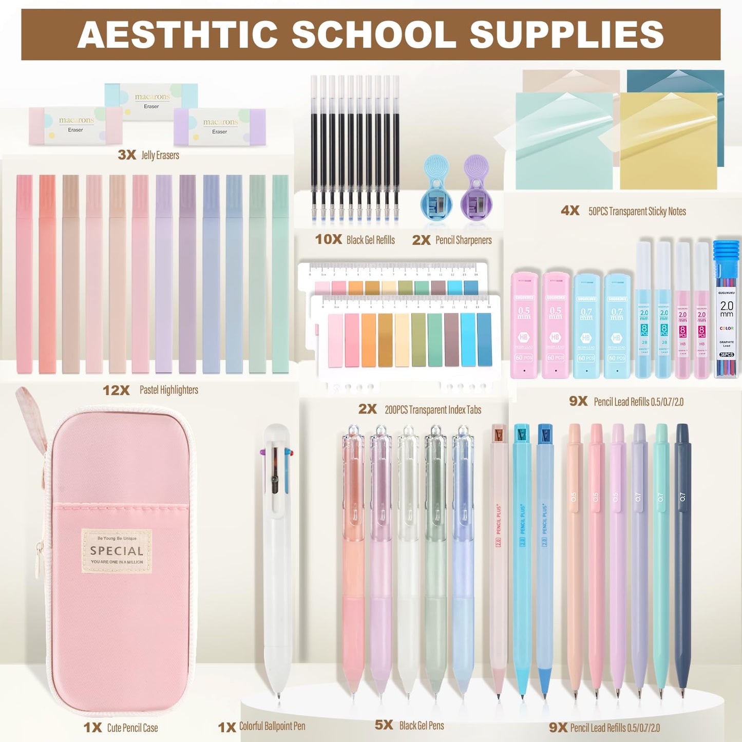 GUGUKUKU 58 PCS Aesthetic School Supplies with Cute Pencil Case,12 Pastel Highlighters, 5 Gel Pens Black Ink，9 Mechanical Pencils for，Student Stationary，CollegeEssentials Gifts (pink)