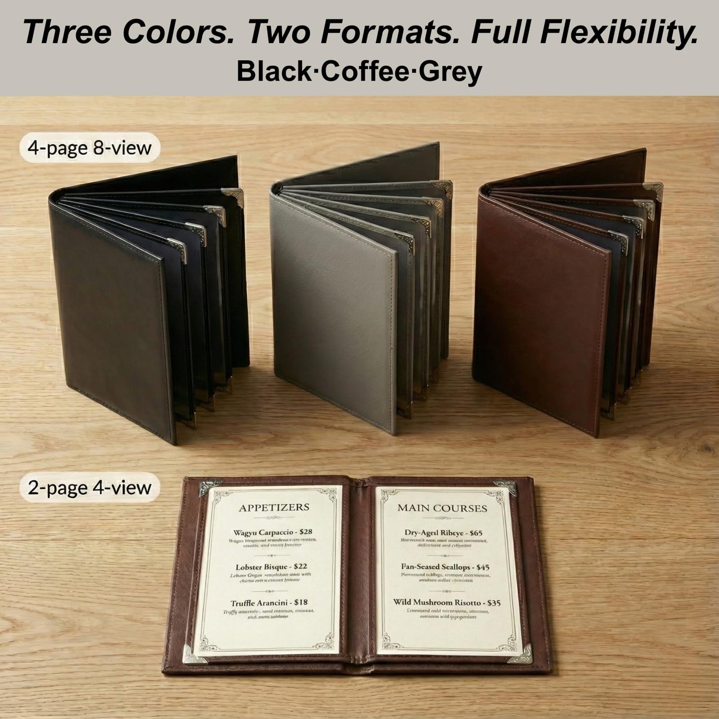 Restaurant Menu Covers 8.5 x 11, 2 Pack Menu Holder – Faux Leather Menu Book with Clear PVC Sleeves, 4 Page 8 View, Waterproof & Durable Menu Book for Restaurant, Bar, Café, Hotel