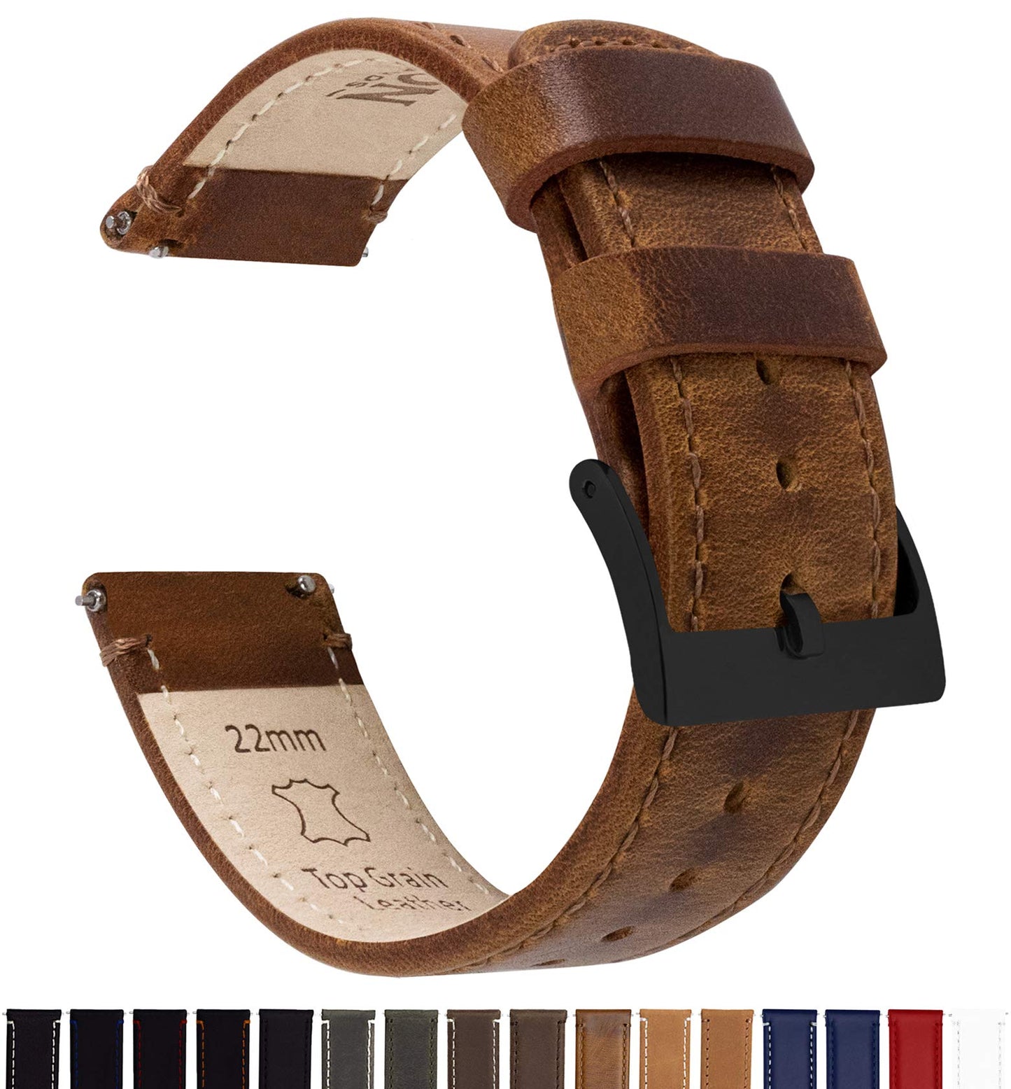 BARTON WATCH BANDS 18mm Weathered Brown Quick Release Leather Black Buckle Watch Band Strap
