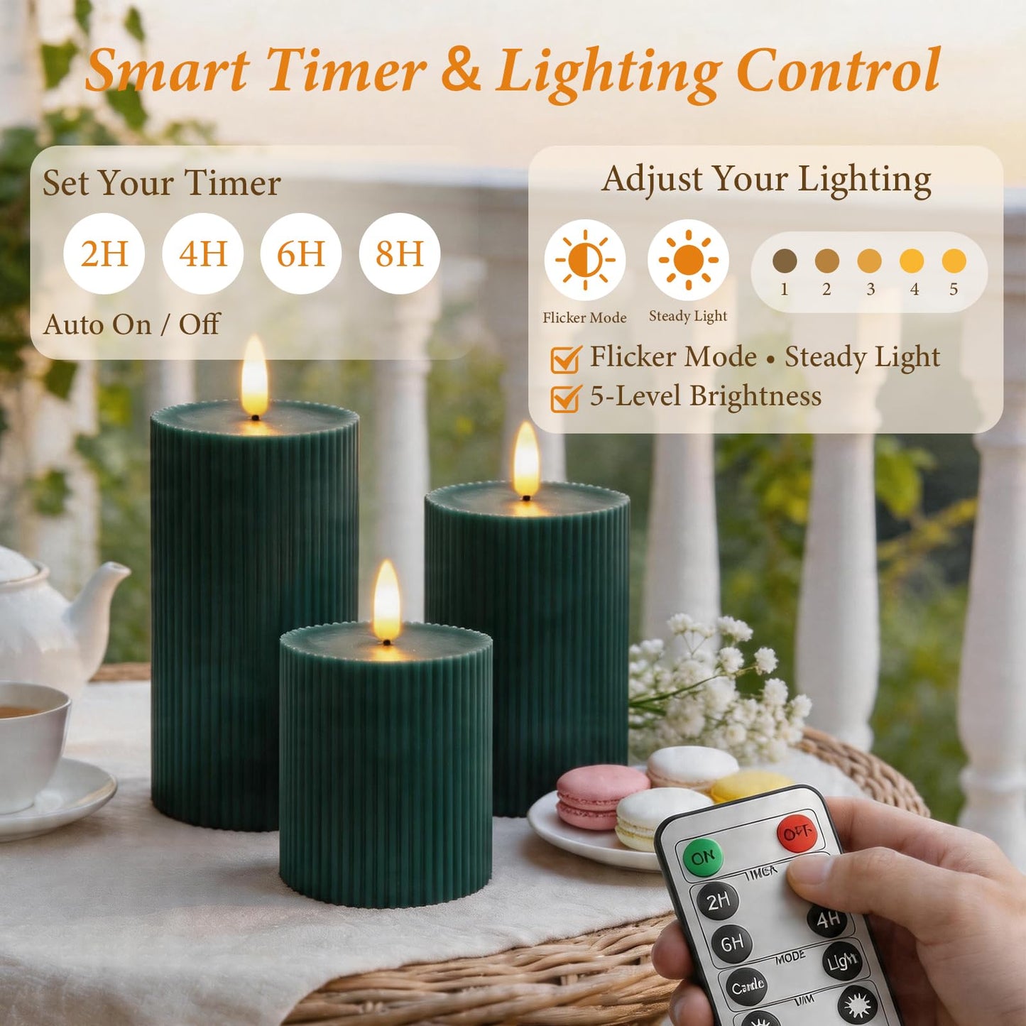 KiimLaa Christmas Green Ribbed Flameless Pillar Candles with Remote, Real Wax Flickering LED Candles Battery Operated with Timer, Set of 3 LED Candles for Wedding, Party, Dinner, Home Decor