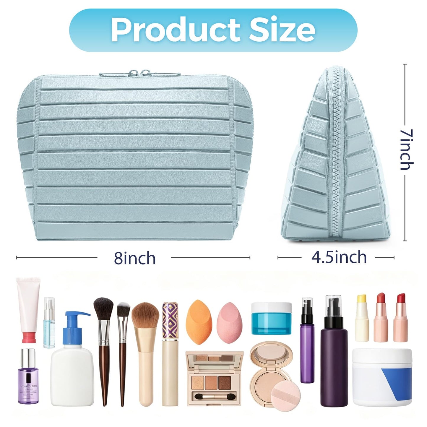 Travel Makeup Organizer Bag with Fold-Down Design and Adjustable Dividers, 27 Pockets & 3 Brush Storage Holders, Large Capacity Cosmetic Bags Toiletry Case - Light blue