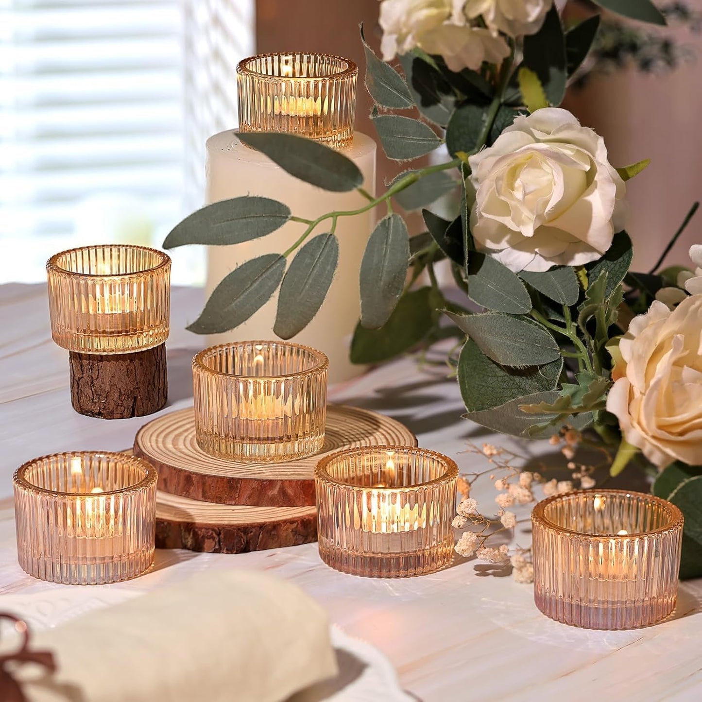 HAVITI 18 Pcs Gold Tealight Candle Holders with 18PCS Tealights, Glass Votive Candle Holders Set for Table Centerpiece, Home Decor and Party Supplies