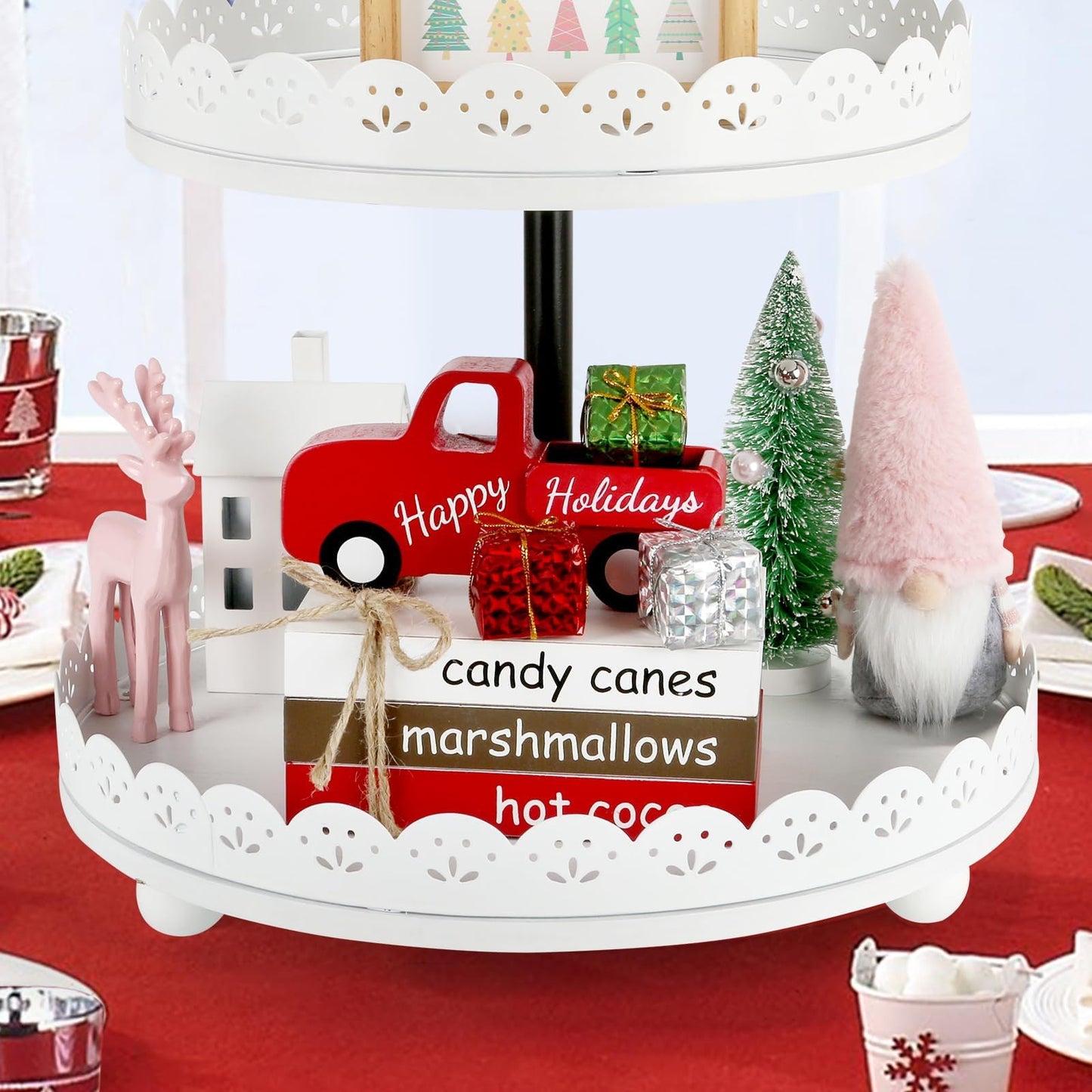 Christmas Decoration 7PCS Table Centerpieces, Tabletop Christmas Tiered Tray Shelf Mantel Fireplace Coffee Bar Office Desk Decor Farmhouse Xmas Wood Faux Book Sign and Gift Boxes Holiday Decoration