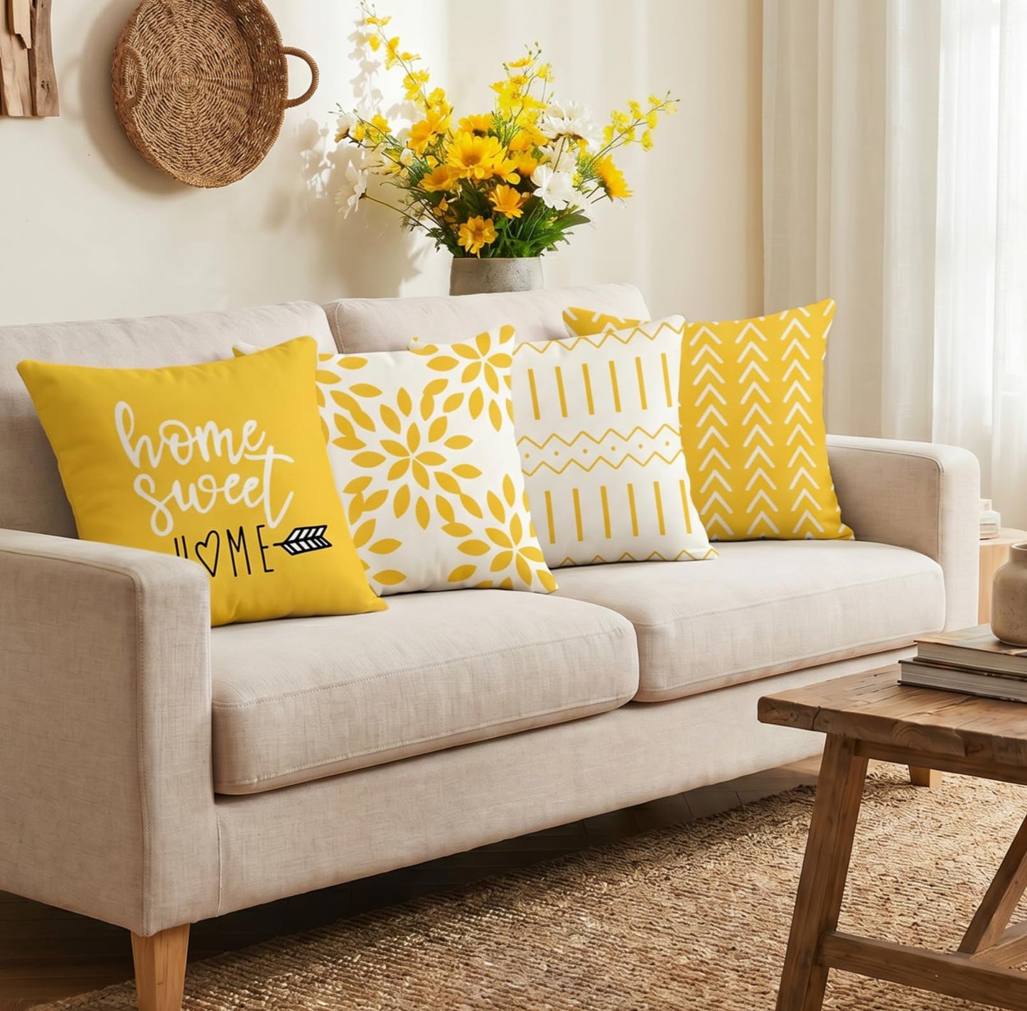 YCOLL Pillow Covers 16x16 Set of 4, Modern Sofa Throw Pillow Cover, Decorative Outdoor Linen Pillow Covers Set of 4 for Couch Sofa Bed and Car, Yellow