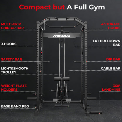 Mikolo F4 2.0 Power Cage with Dual-Track Smooth Pulley System, 1200LBS Power Rack with Leg Hold-Down for Heavy LAT Pulldowns, All-in-One Squat Rack with More Training Attachments for Home Gym (Black)