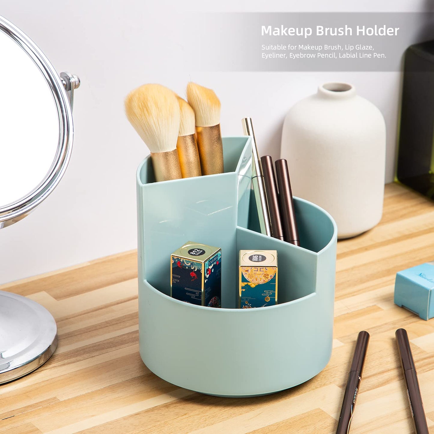 EDENMS Desk Pencil Pen Holder, 3-Slot 360 Spinning Desk Organizer, Cute Pencil Cup Pot for Office, School, Art Supply - Blue