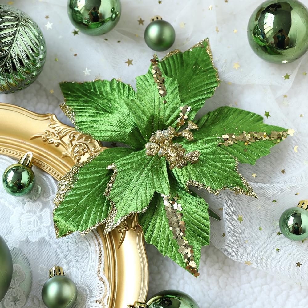 Christmas Ornaments Set, 48ct Green Shatterproof Christmas Tree Decorations Ball Large Glitter Christmas Flowers Hanging Ornament，for Xmas Trees Decor Indoor Home Holiday Party