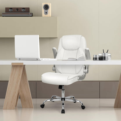 NEO CHAIR Ergonomic Office Desk Gaming Computer Chair Executive High Back Support Flip-up Arms Adjustable Height Swivel Rolling Wheels Comfy PU Leather for Home (White)