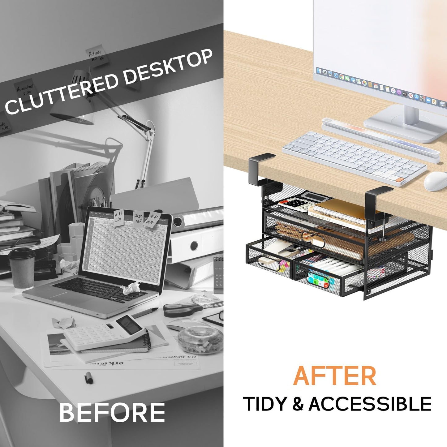 Under Desk Drawer Organizer 3 Layer, Large Under Desk Storage Side Drawers for Home & Office, Drill-Free Clamp-on Installation for Small Space, Spacious Storage for Office Supplies, Papers