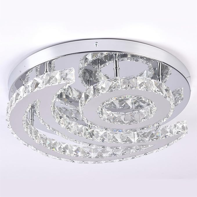 CXGLEAMING 15.7" Modern Crystal Chandelier Dimmable Ceiling Light Fixture Moon Shape LED Flush Mount Chandeliers for Bedroom Living Room Dining Room (Remote Control)