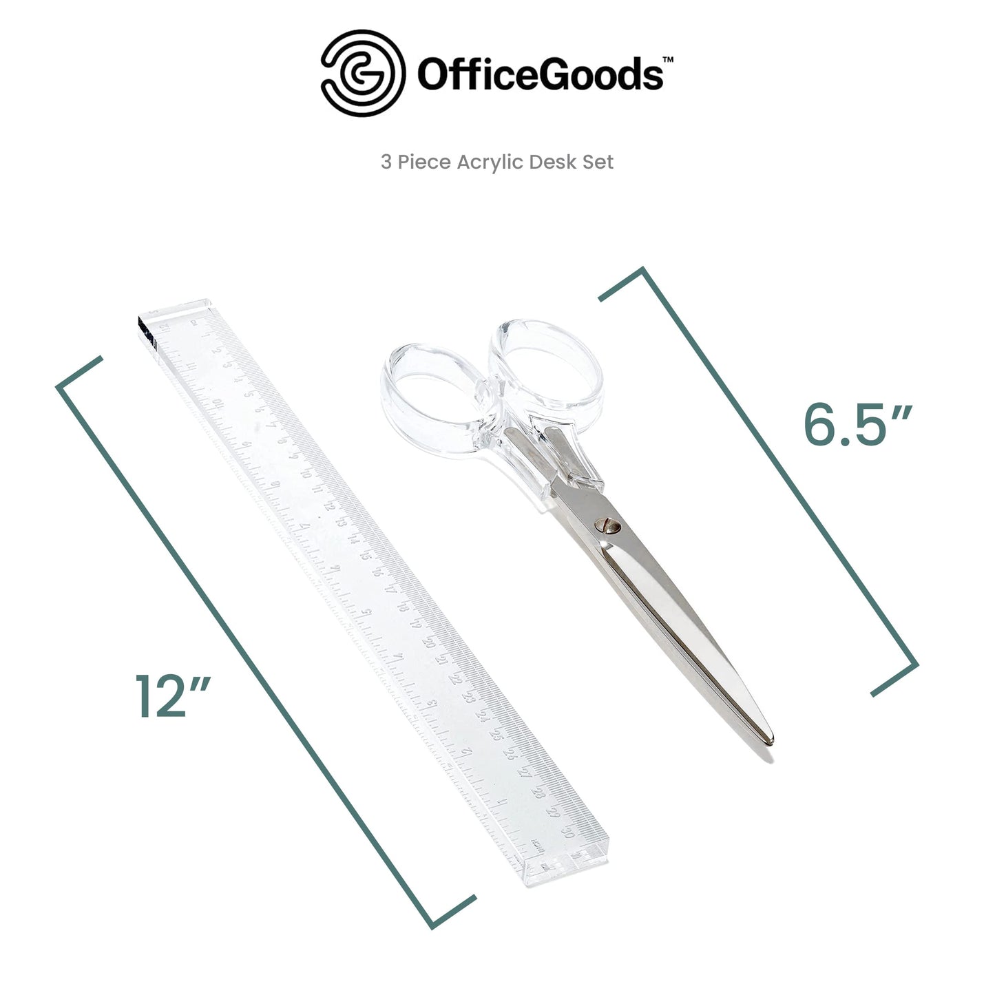 OfficeGoods 3 Piece Acrylic Desk Set - Includes Ruler, Staple Remover, Scissors - Functional & Elegant Desk Accessories - Stationary Tools for Home, Office, and School - Silver
