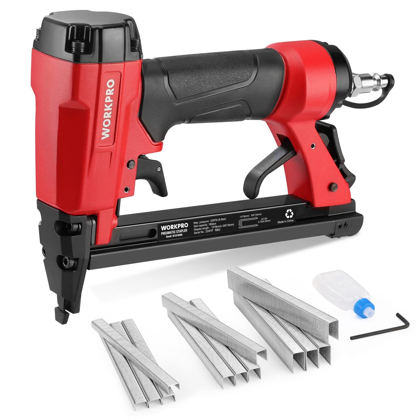 WORKPRO 7116 Pneumatic Staple Gun, 22 Gauge Upholstery Stapler with 1884pcs Staples 1/4" to 5/8", Air-Powered, Rear Exhaust, for Carpentry, Woodworking and DIY Projects
