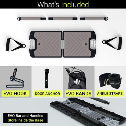 EVO Gym - Portable Home Gym Strength Training Equipment, At Home Gym | All in One Gym - 6 Resistance Bands, Base Holds Gym Bar & Handles for Travel | Portable Gym & Home Exercise Equipment | 120LBS