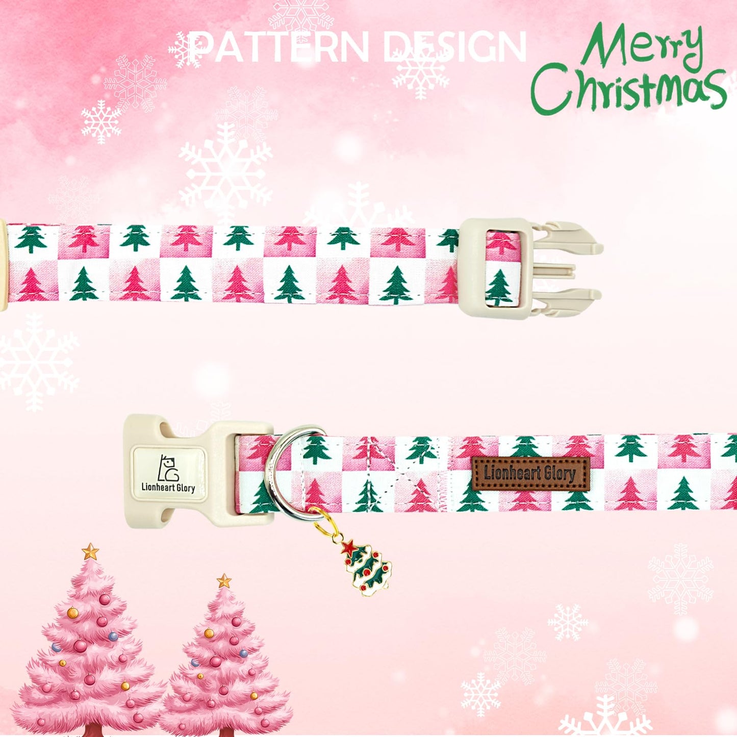 Lionheart glory Christmas Dog Collar Pink Checkboard Christmas Tree Cute Dogs Collar - Adjustable Soft Comfortable Light Collars for Small Dogs Girl or Boy Winter Pet Collars