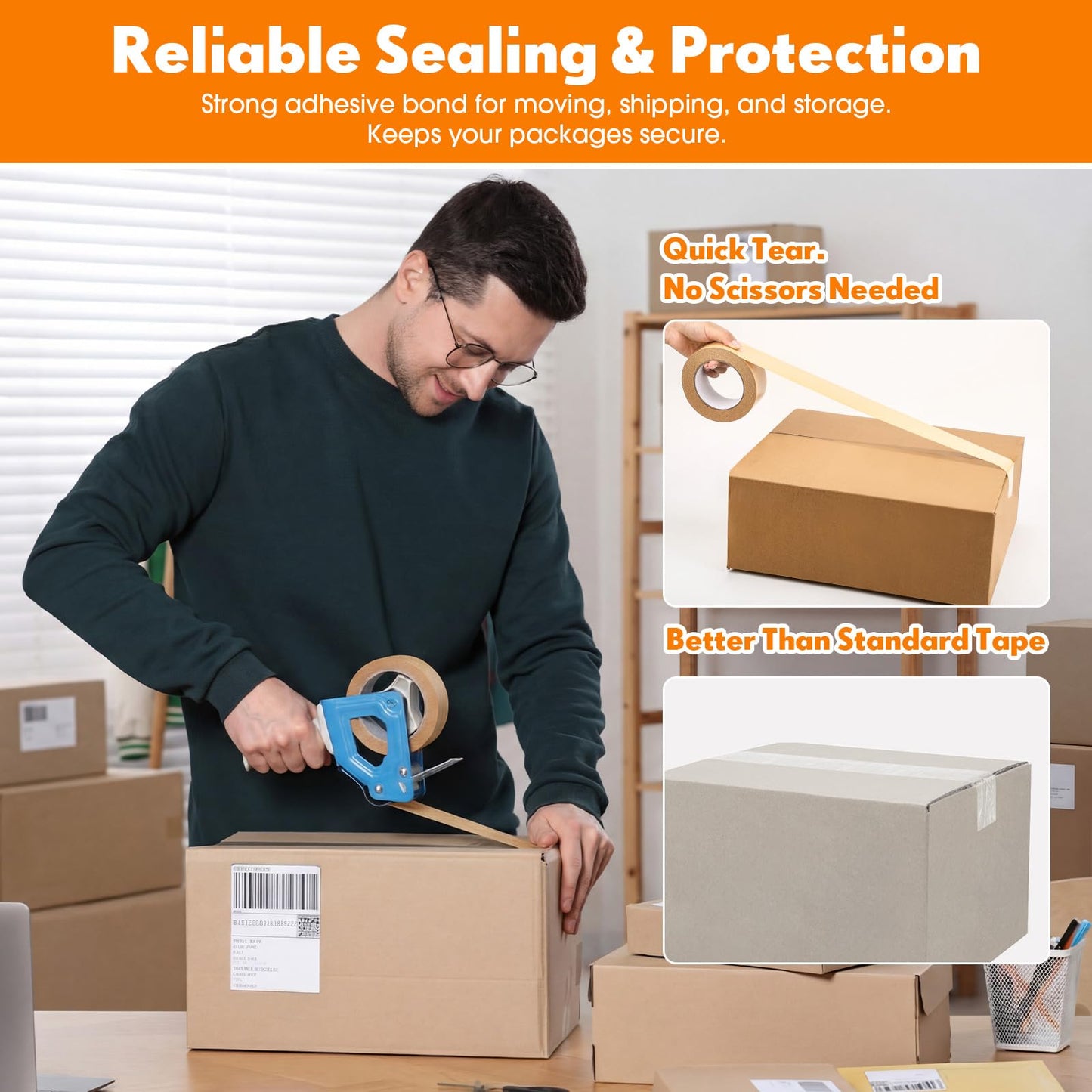 Treela 18 Rolls Brown Packing Tapes Bulk 2 Inch x 55 Yards Kraft Paper Tape Packaging Tapes Tear by Hand for Cardboard Masking Sealing Boxes Express Parcels Office Use