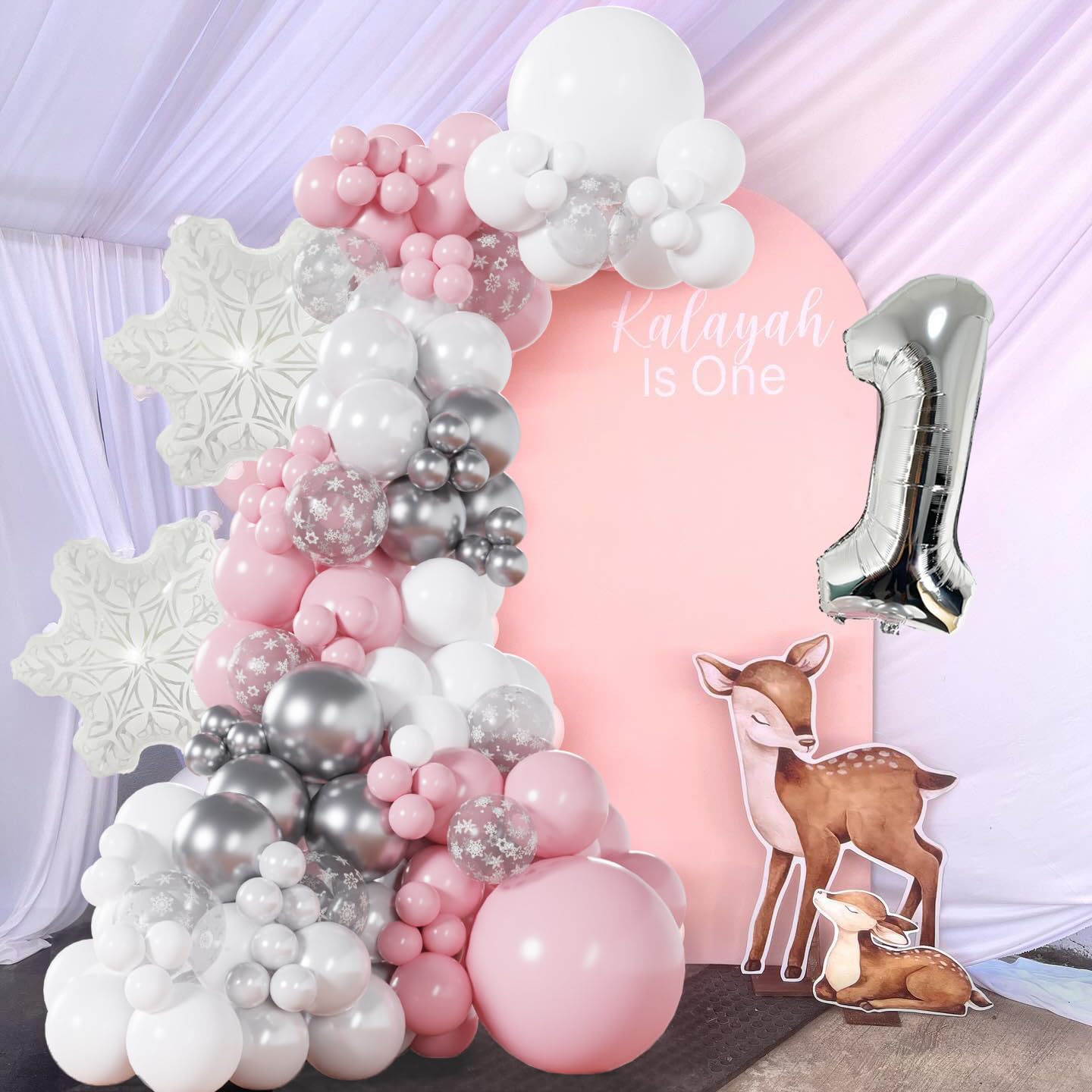 Pink Winter Onederland Balloon Garland 128pcs Girl First Birthday Snowflake Balloons 1st Birthday Decorations Pink Christmas Baby Shower Decor For Sweet One Fairy Decorations Coquette Party Decor