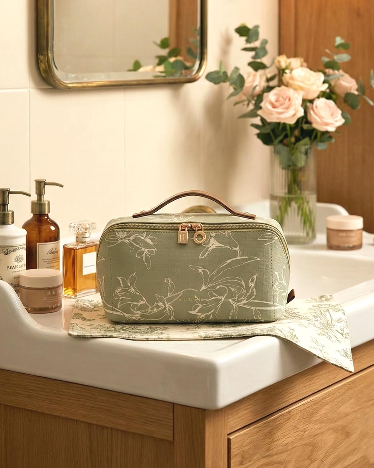 EACHY Travel Makeup Bag, Large Capacity Cosmetic Bags for Women, Waterproof Portable Pouch Open Flat Toiletry Bag Pattern Make up Bag (F-Green)
