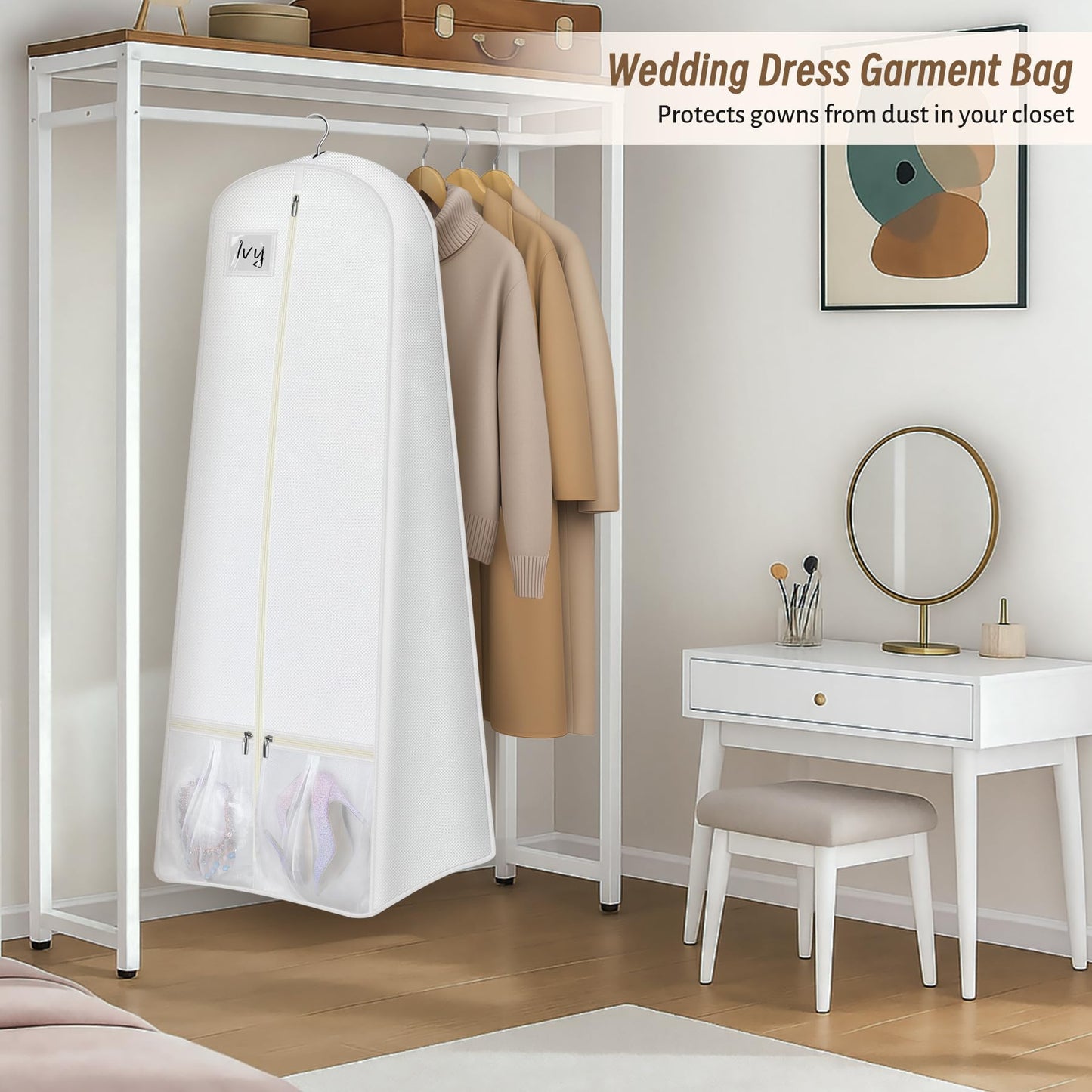 KIMBORA 72” Wedding Dress Garment Bag with 15” Gusset Bridal Dress Bags for Gowns Long Storage and Travel Large Mesh Pockets Hanging Garment Cover for Women, White