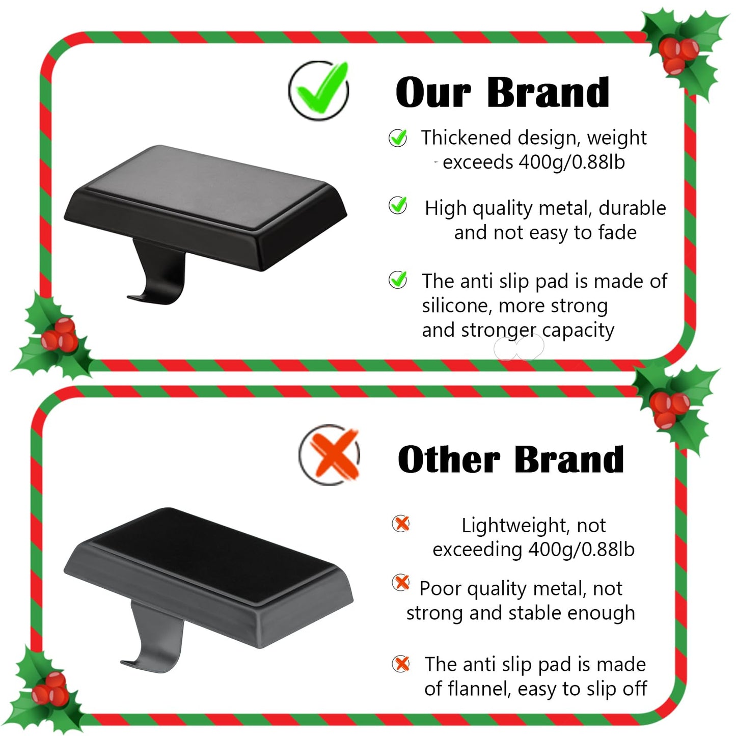 Festanlee 4 Pack Christmas Stocking Holders Ornament Hooks Mantel Weighted Stocking Hangers Metal Hanging Hooks Heavy Duty Stocking Holders Bases for Mantel Fireplace Party Decoration (Black, 4)