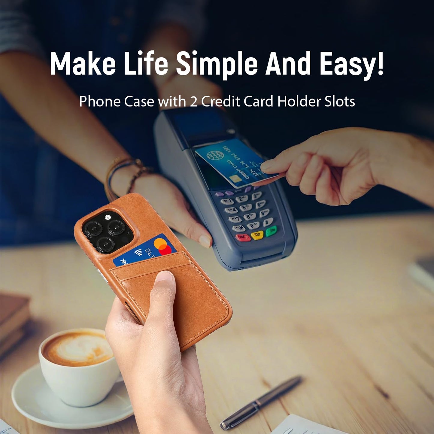 LUCKYCOIN 100% Genuine Leather Wallet Phone Case for iPhone 16 Pro, Slim Design with Card Holder, Shockproof Protective Cover, Microfiber Lining & Metal Buttons, for Men and Women, Tan