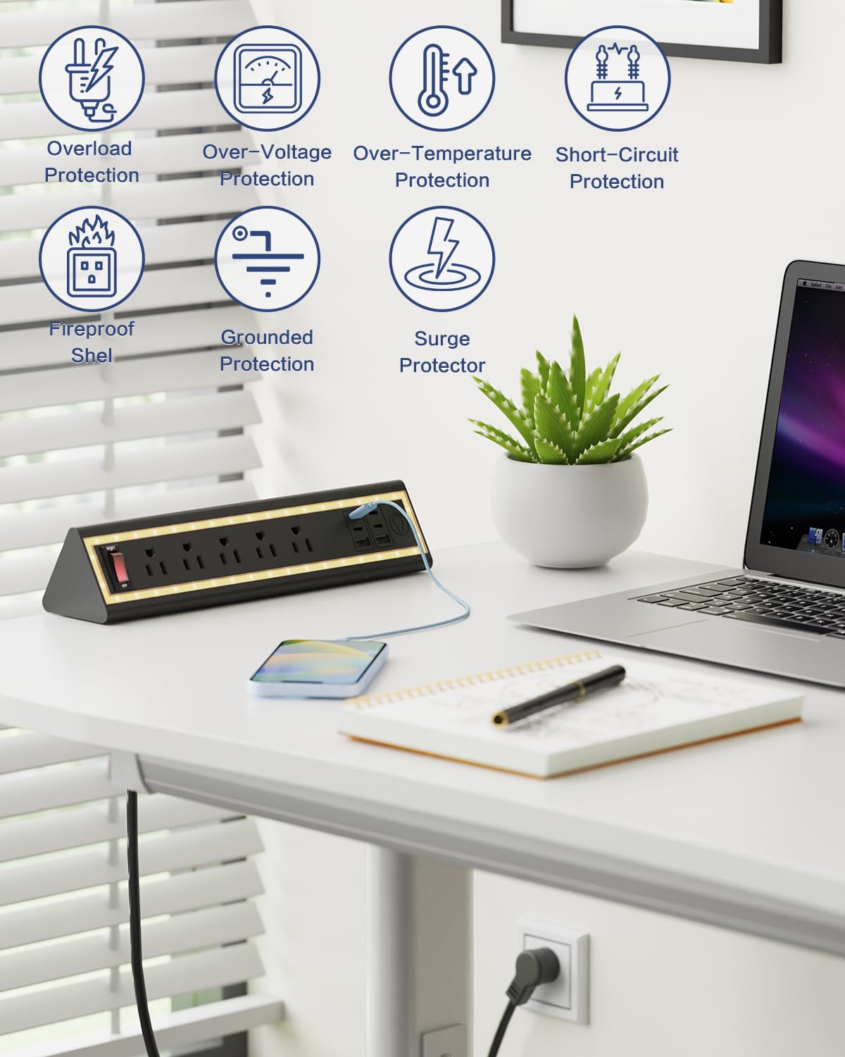 NYYTGE Desk Clamp Power Strip with Nightlight, 40W Fast Charging, 6FT Extension Cord, 4x20W USB-C & 2 USB Ports, 5 AC Outlets, Fits 1.69-Inch Table Edges