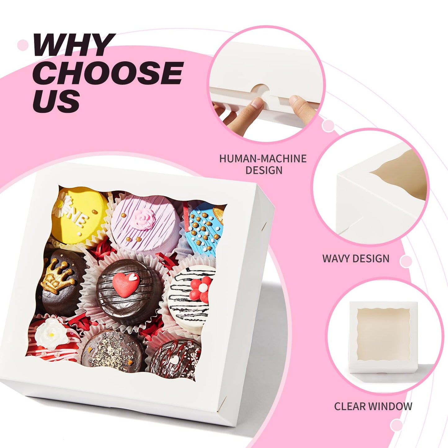 JCXGRVC 100PCS 6"x6"x2½ Bakery Boxes with Window Cookie Boxes Small Cake Boxes Macaron Boxes Pie Boxes Truffle Chocolate Boxes for Christmas Valentine's Mother's Day