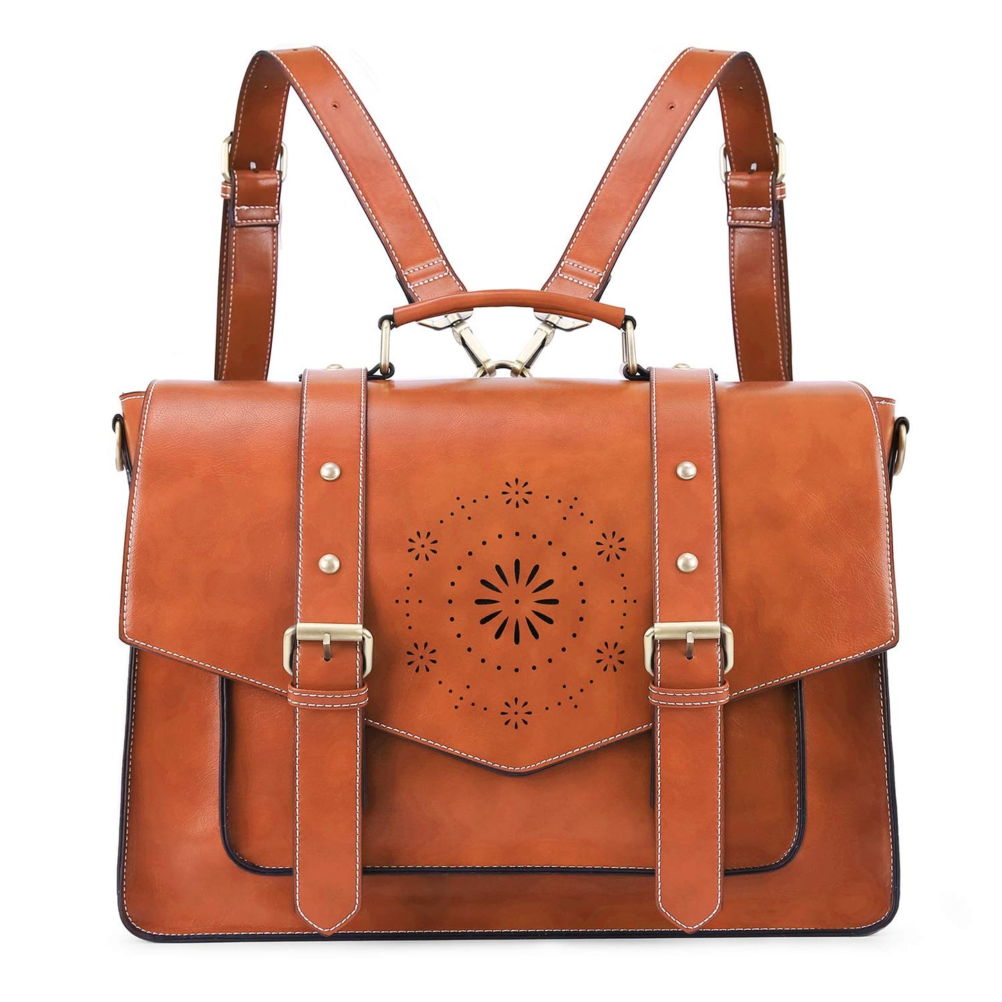ECOSUSI Backpack for Women Briefcase Messenger Laptop Bag Vegan Leather Satchel Work Bags Fits 15.6 inch Laptops, Brown