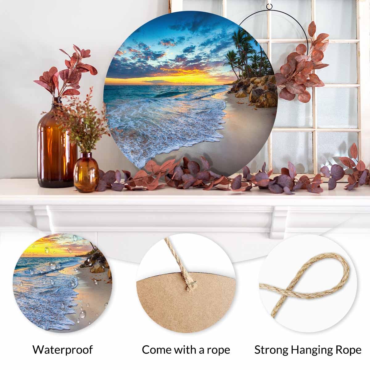 Beabes Welcome Sign Rustic Round Sign Front Door Wreaths Beauty Sunset Beaches for Outdoor Indoor Wall Hanging Decorations 12x12in