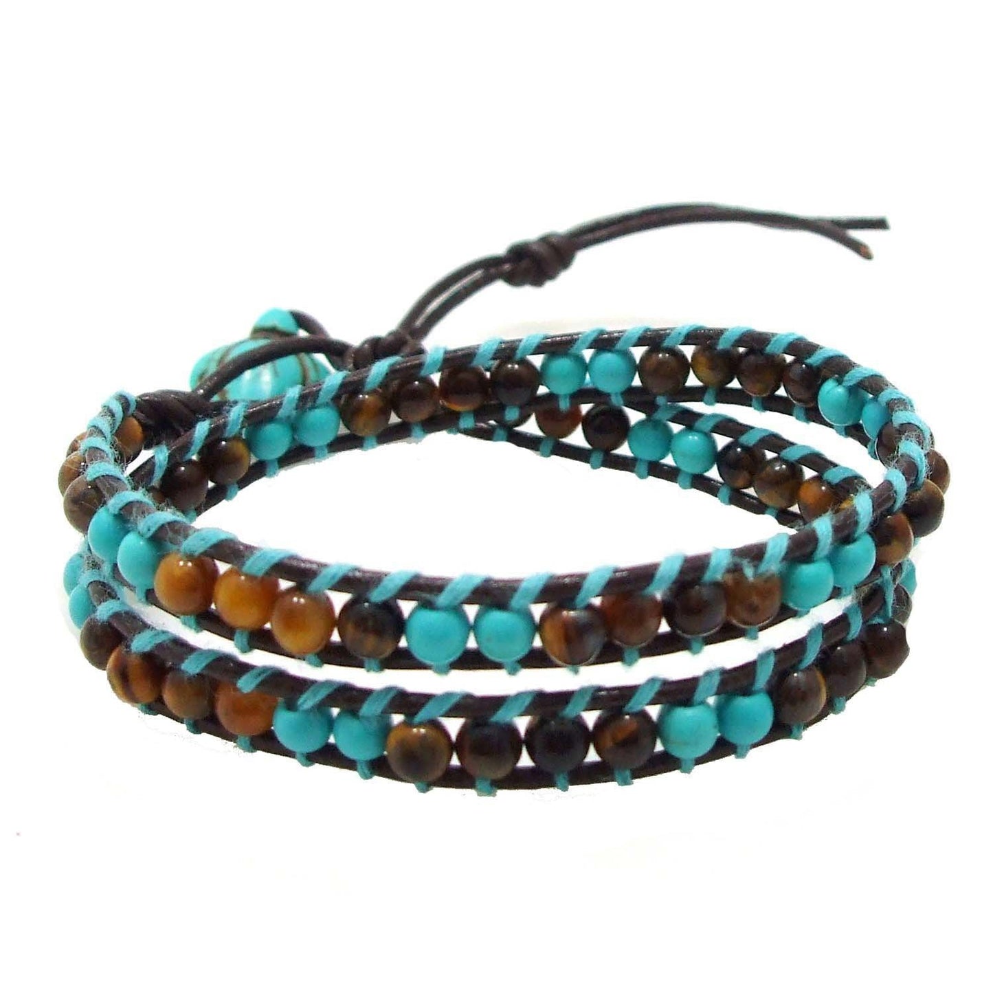 AeraVida Sea Turtle Double Wrap Bracelet with Tiger’s Eye and Simulated Turquoise Beads | Handcrafted Leather and Cotton Rope Bracelet with Turtle Toggle | Boho Ocean Nature Inspired Jewelry