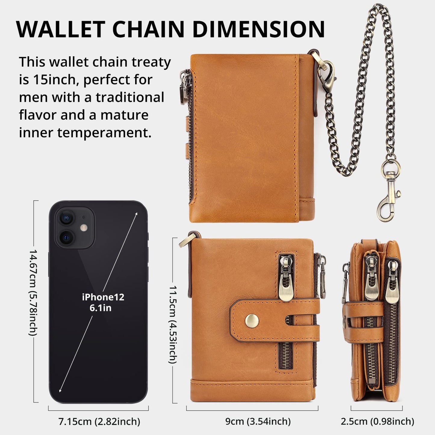 gzcz Mens Wallet with Chain RFID Blocking Genuine Leather Bifold Purse for Men ID Window and Zip Coin Pocket (Brown)
