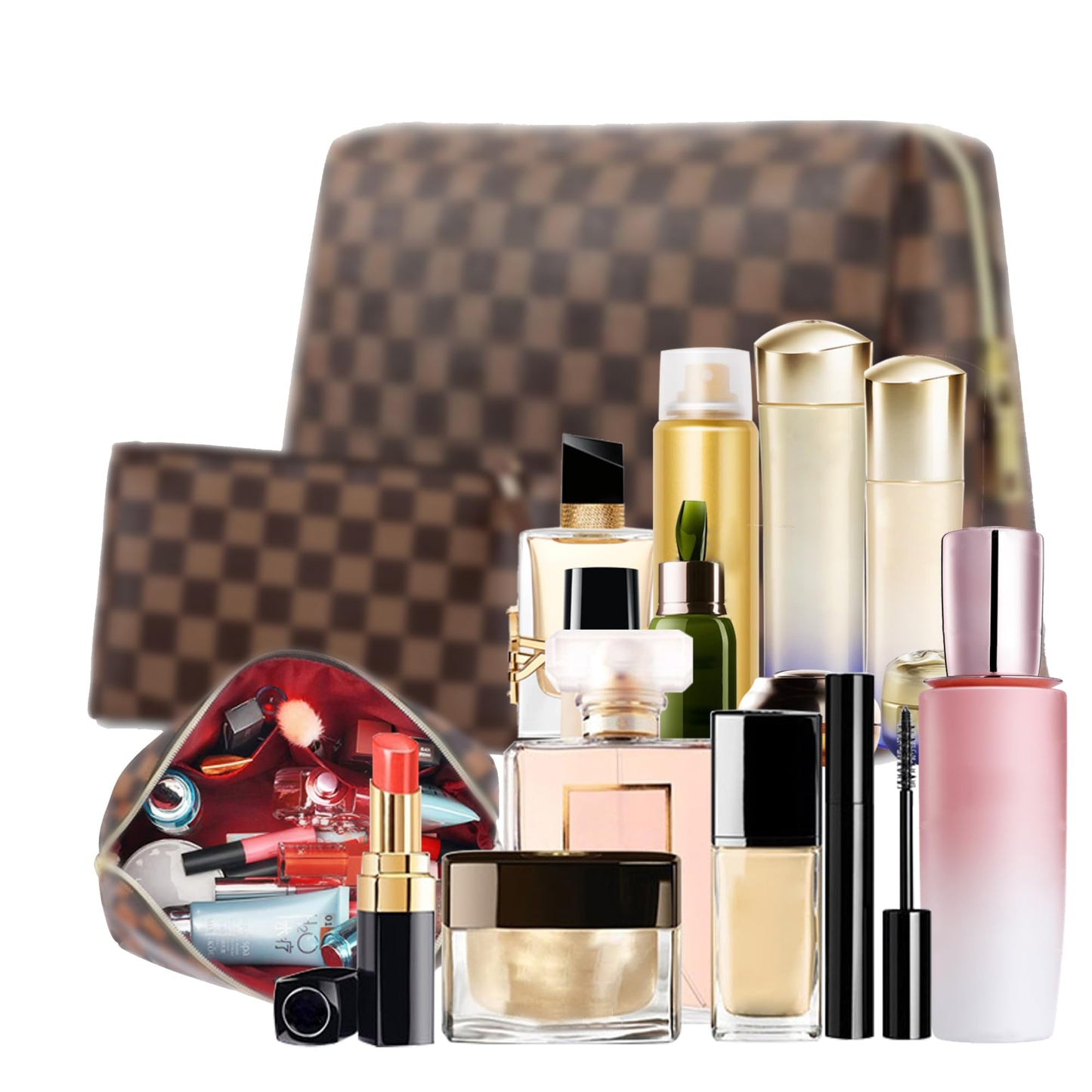 2 Pack Makeup Bag Set for Women, Large Brown Leather Cosmetic Bag + Small Zipper Pouch, Water-Resistant Travel Toiletry Organizer with Smooth Metal Zipper, Stylish Storage for Daily Use & Gift