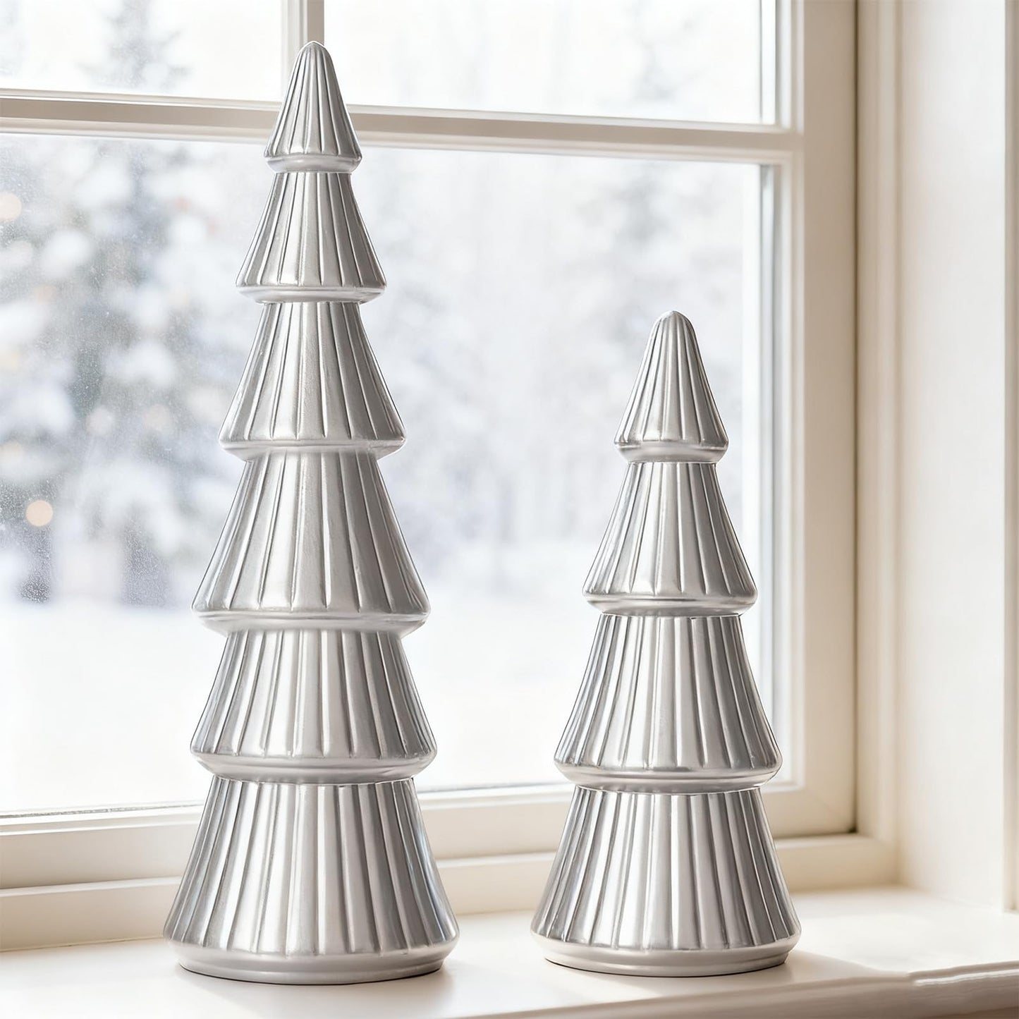 WONDROUS' DECO Wooden Christmas Tree Figurine, Tabletop Silver Tree Figurine, Set of 2 Desk Centerpieces for Christmas Decor