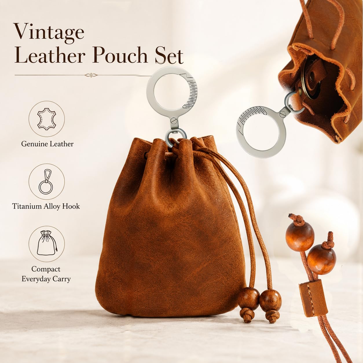 SICOPERT Mini Leather Drawstring Coin Purse with Titanium Alloy Key Ring, Genuine Crazy Horse Leather Small Pouch Keychain Wallet for Coins, Keys, Earbuds, Jewelry, Essentials, Gift for Women and Men