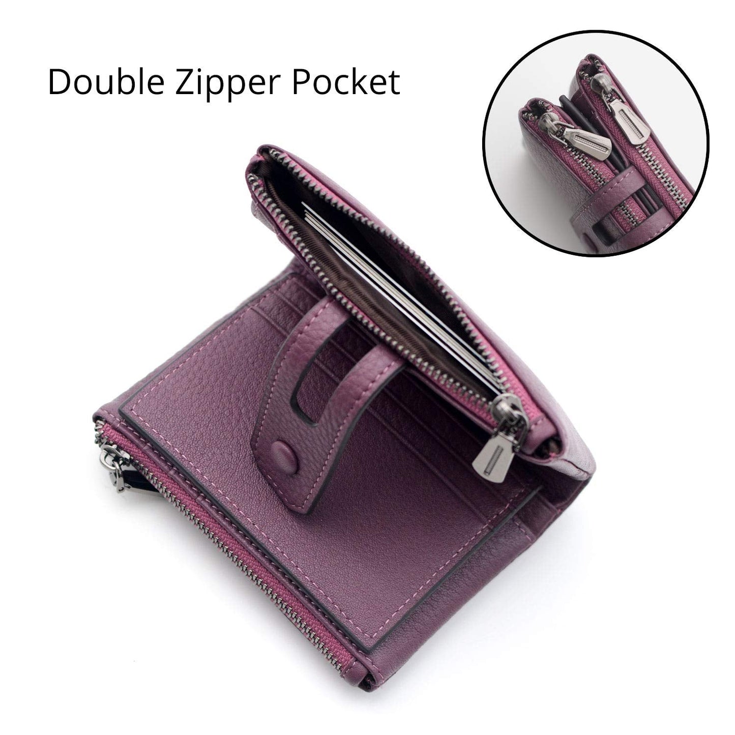Bveyzi Small Soft Leather Wallet for Women RFID Blocking Ladies Card Holder with Double Zipper Pocket (Deep Plum)