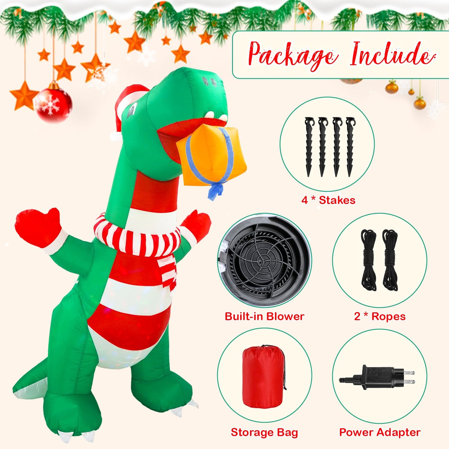 8FT Christmas Inflatables Outdoor Decorations, Blow Up Yard Dinosaur Decoration with Christmas Hat & Gift Box, Built-in LED Lights for Holiday Garden Patio Lawn Party, for Him, Her