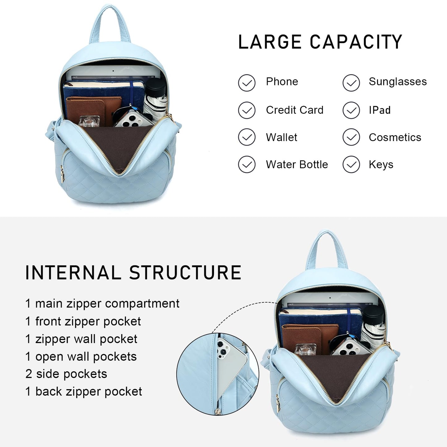 KL928 Quilted Mini Backpack for Women, PU Leather Backpack Purse Designer Satchel Bag, Small Casual Daypack for Ladies