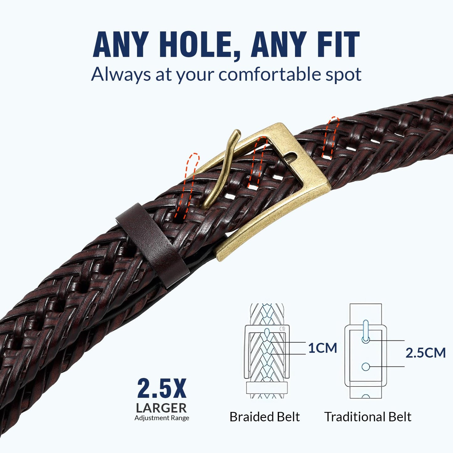 JASGOOD Men's Braided Leather Belt, Braided Woven Belt for Men Casual Jeans with Solid Strap Single Prong Buckle (B-Brown,Suit for Pant Size 32-37 inch)