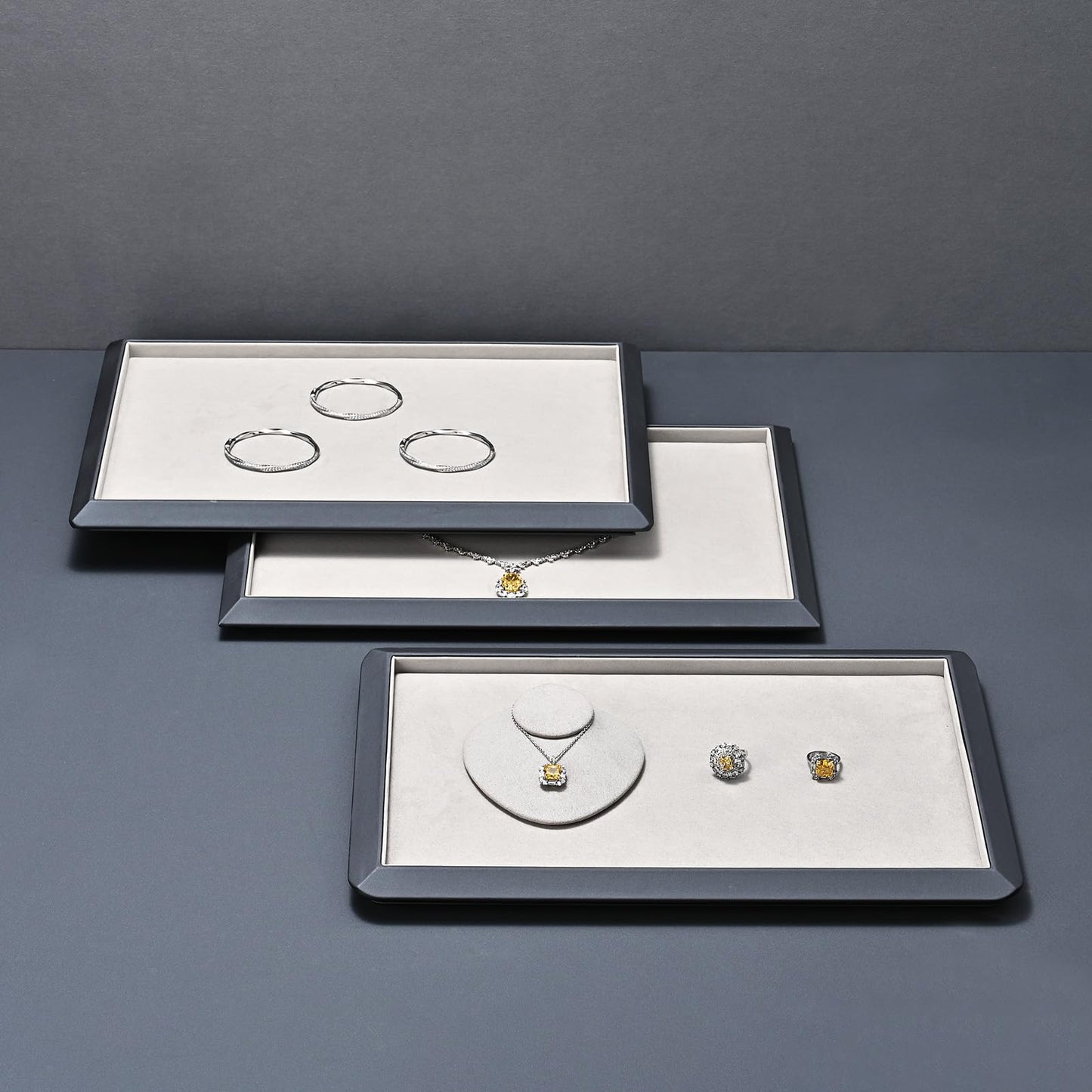 Oirlv Gray Leather Jewelry Display Tray with Microfiber Lining, Premium Rounded Corner Organizer