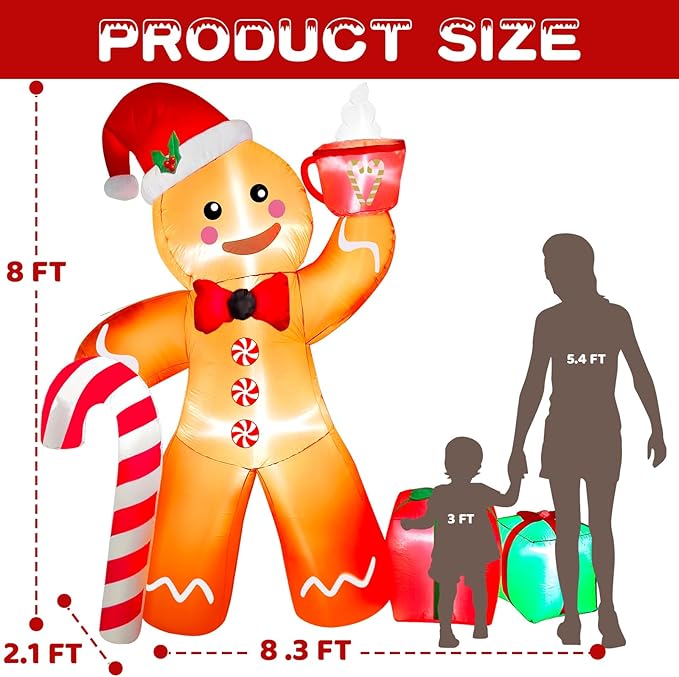 8 FT Christmas Gingerbread Inflatable Outdoor Decoration With LED Lights, Cute Gingerbread Man With Gift & Hot Cocoa Blow Up Yard Decor for Garden