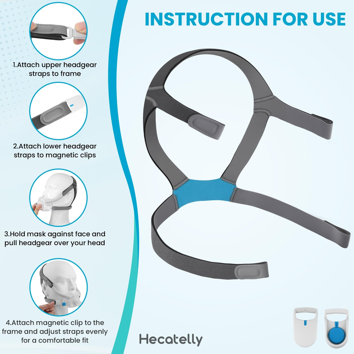 Hecatelly 1 Pack Replacement F40 Headgear and 1 Pair Magnetic Clips for AirFit F40 Headgear，Comfortable Adjustable Head Strap Replacement for Resmed F40 Full Face Mask-Standard/Medium Size