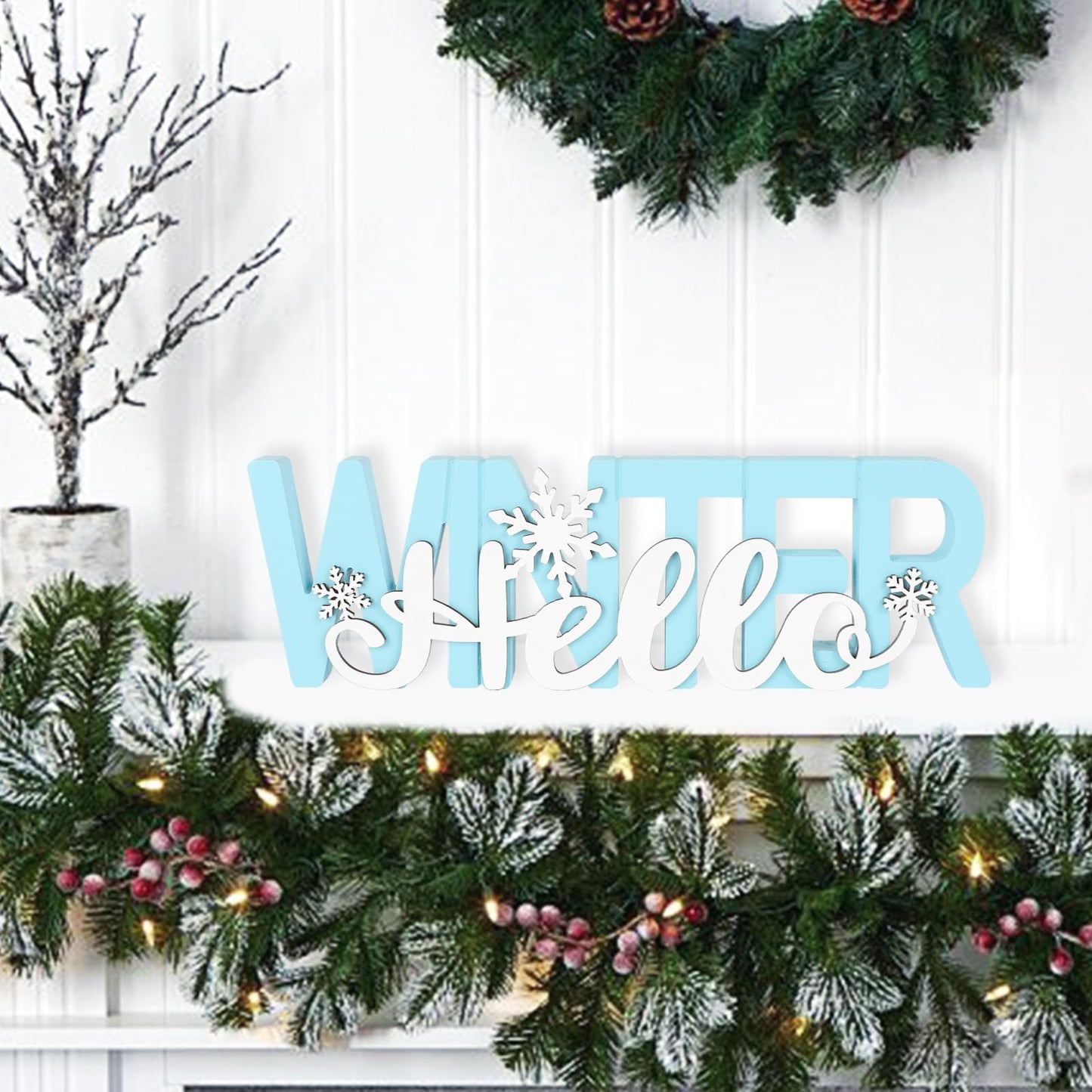 COCHIE Wooden Hello Winter Sign, Holidays Snowflake Decorations for Home, Office, Shelf, Mantel, Indoor, Wood White Snowflake Decor, Blue Table Top Party Supplies Decoration (Winter)