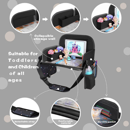 MENZOKE Kids Travel Tray, Road Trip Activities for Kids with Dry Erase Board & Cooler Cup Holder, Toddler Car Activities with No-Drop iPad Holder Stand, Roadtrip Essentials for Toddlers, Black